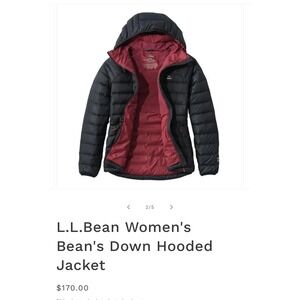 LL Bean Womens Bean's Down Hooded Jacket Black Red 650 Fill M Reg